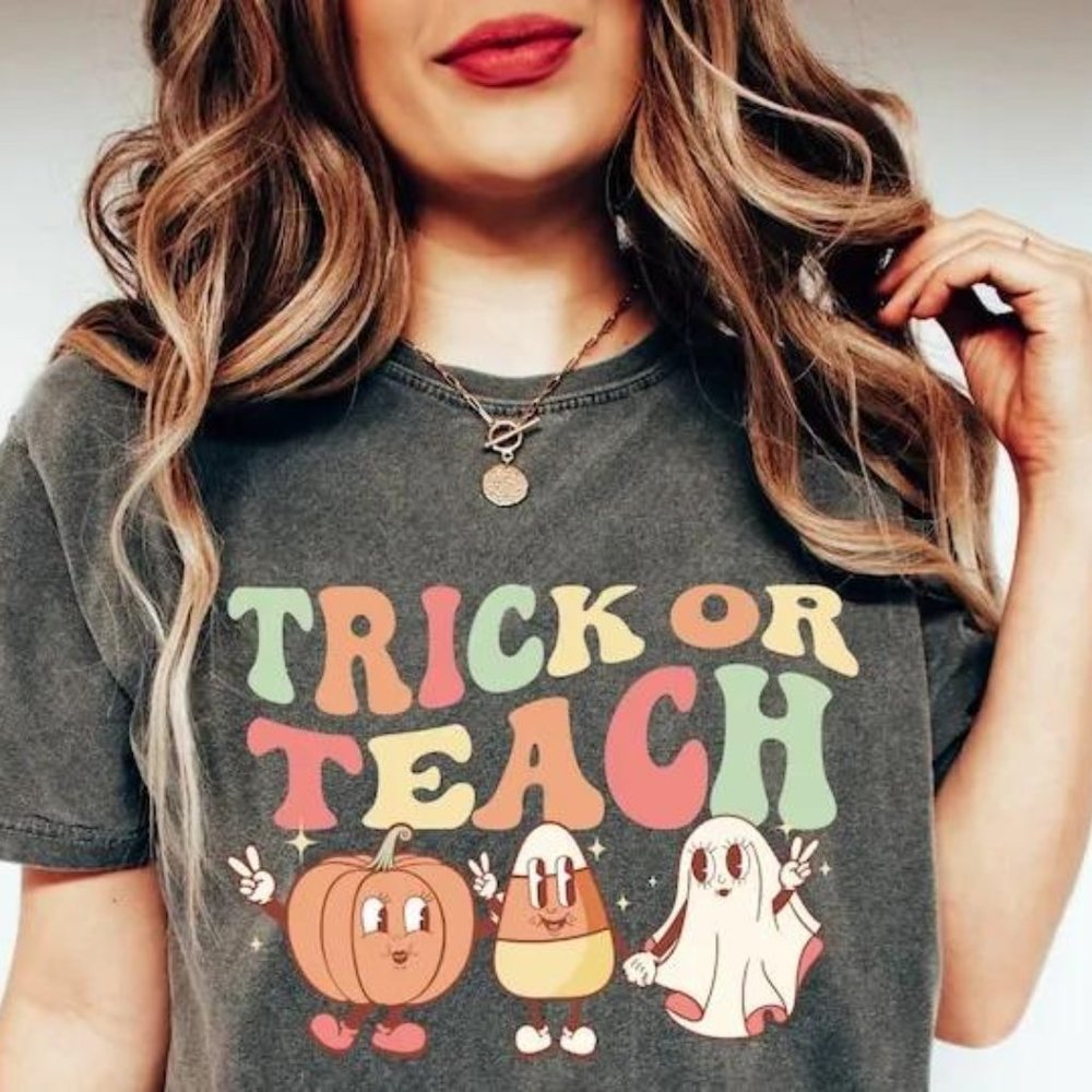 H0716 Halloween Teacher Spooky Trick Or Teach Fall School Ghost Pumpkin Skeleton